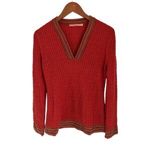 Kuna Alpaca Wool Textured Knit Sweater Brown Trim V-Neck Long Sleeve Y2K